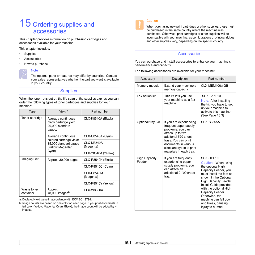 Samsung CLX-8540ND manual Ordering supplies and accessories, Supplies, Accessories 