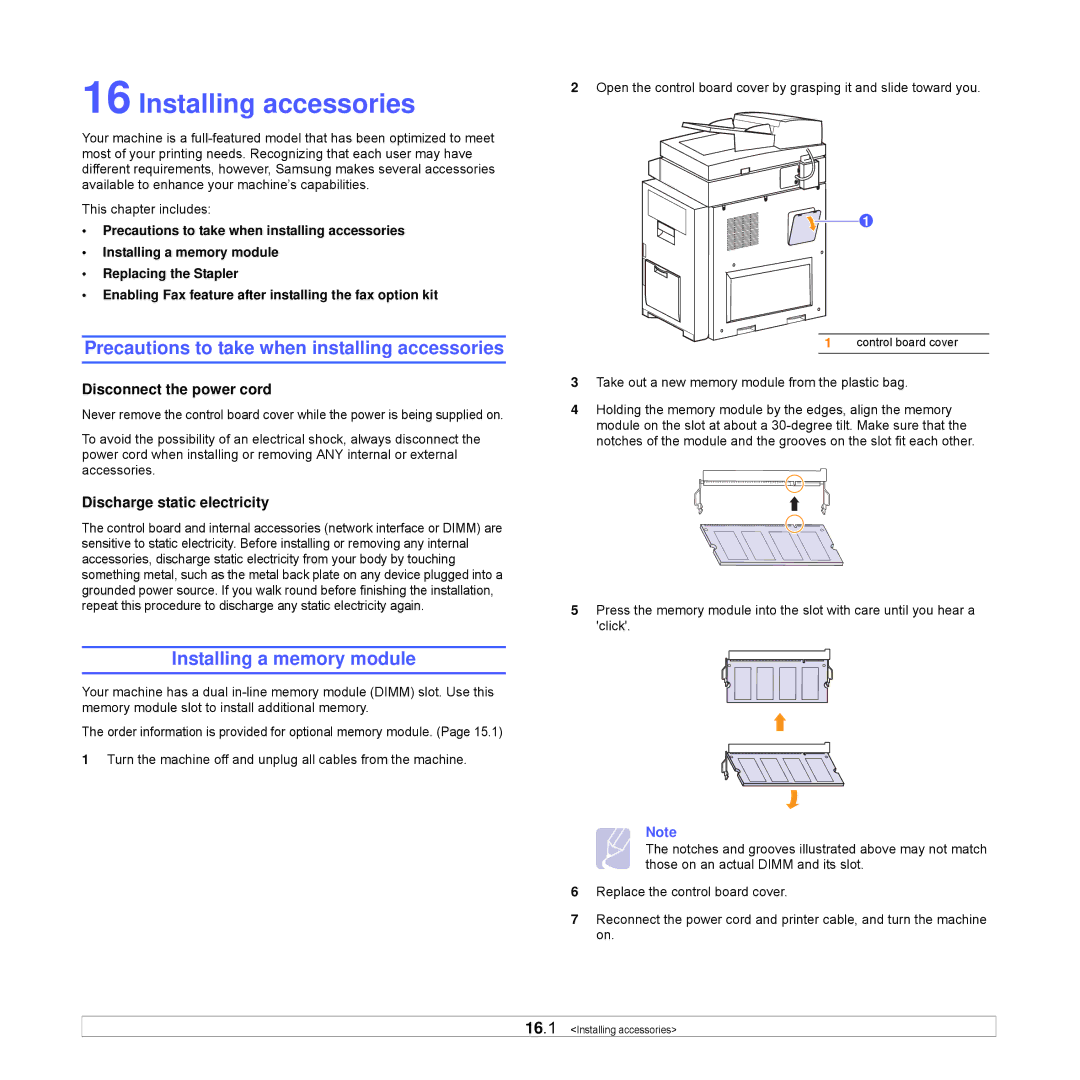 Samsung CLX-8540ND Installing accessories, Precautions to take when installing accessories, Installing a memory module 