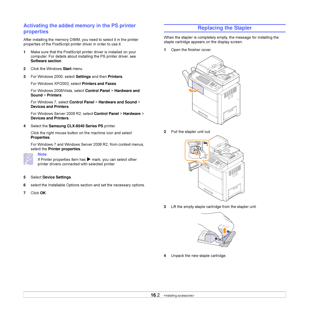 Samsung CLX-8540ND Replacing the Stapler, Activating the added memory in the PS printer properties, Select Device Settings 