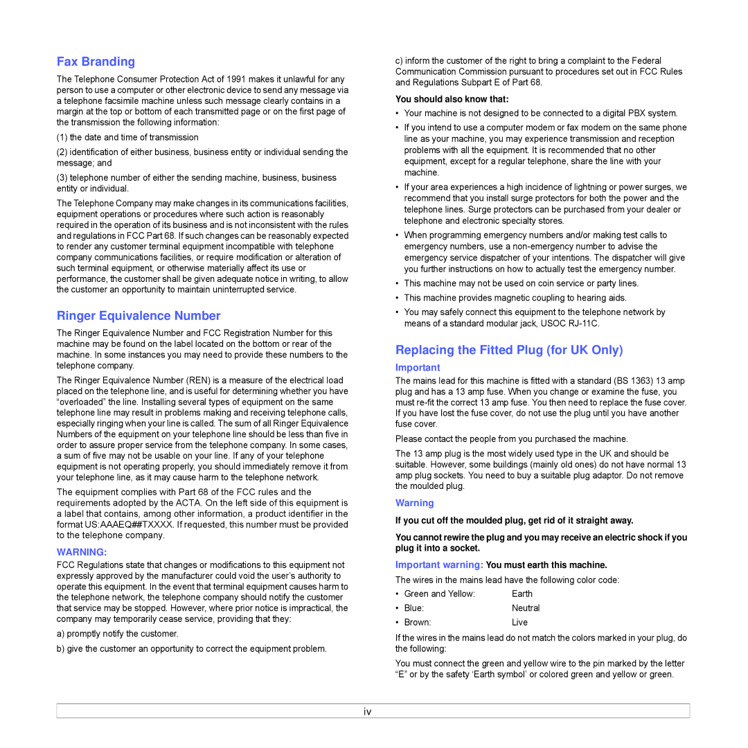 Samsung CLX-8540ND manual Fax Branding, Ringer Equivalence Number, Replacing the Fitted Plug for UK Only 