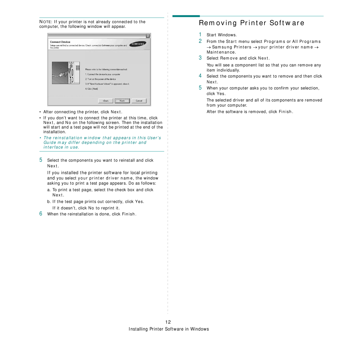 Samsung CLX-8540ND manual Removing Printer Software, Select the components you want to reinstall and click Next 