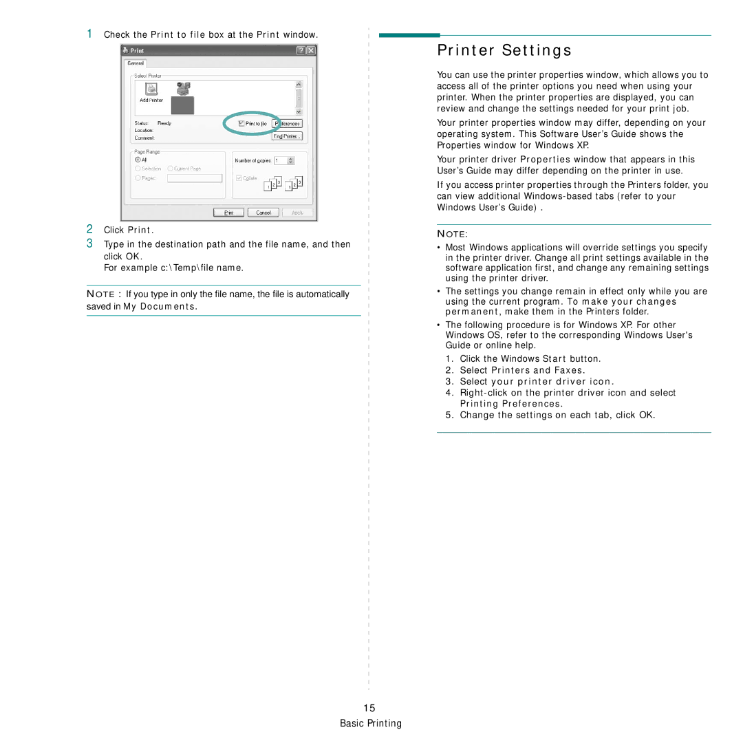 Samsung CLX-8540ND Printer Settings, Saved in My Documents, Select Printers and Faxes Select your printer driver icon 