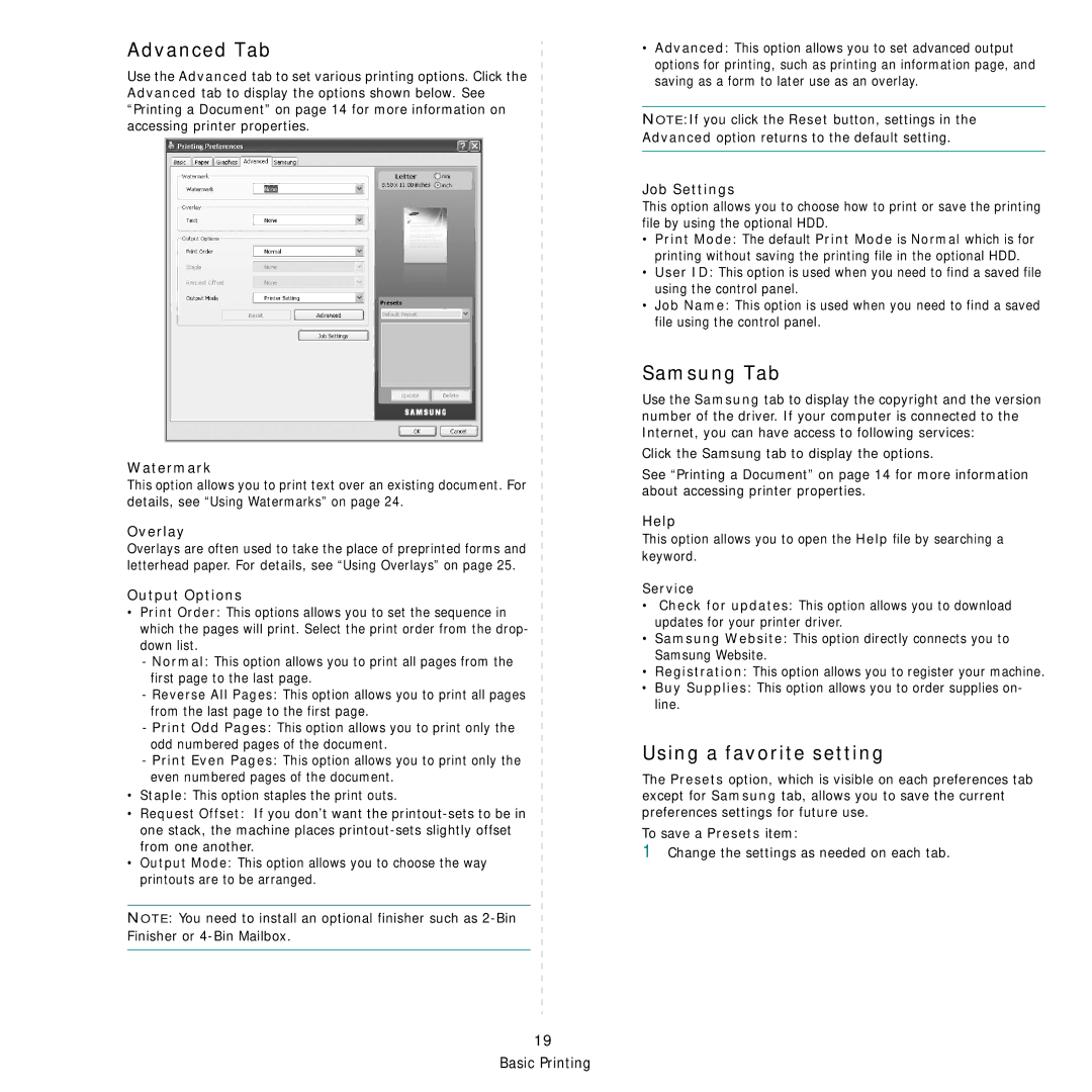 Samsung CLX-8540ND manual Advanced Tab, Samsung Tab, Using a favorite setting 