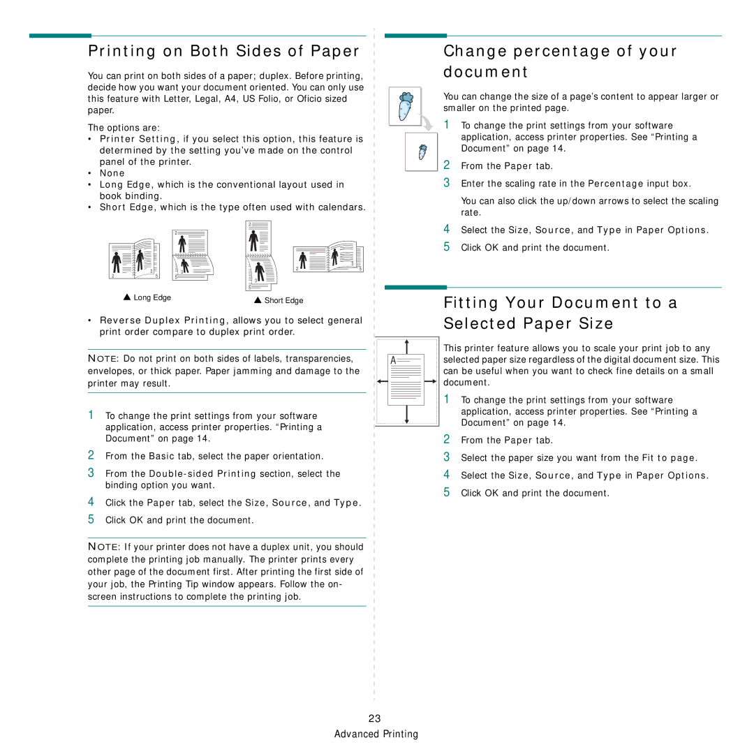 Samsung CLX-8540ND manual Printing on Both Sides of Paper, Change percentage of your document, Fitting Your Document to a 