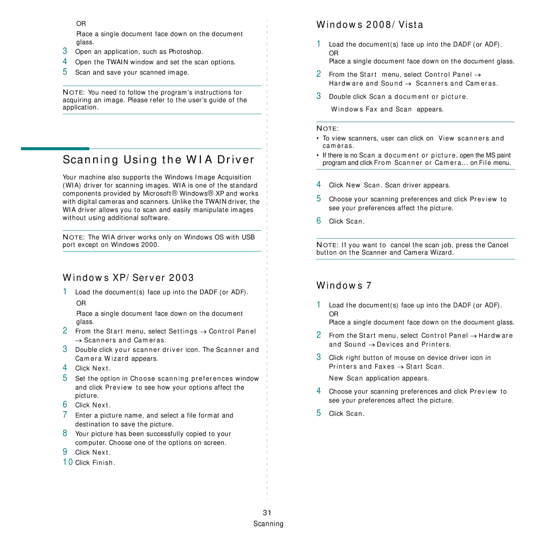 Samsung CLX-8540ND manual Scanning Using the WIA Driver, Windows XP/Server, Windows 2008/Vista 