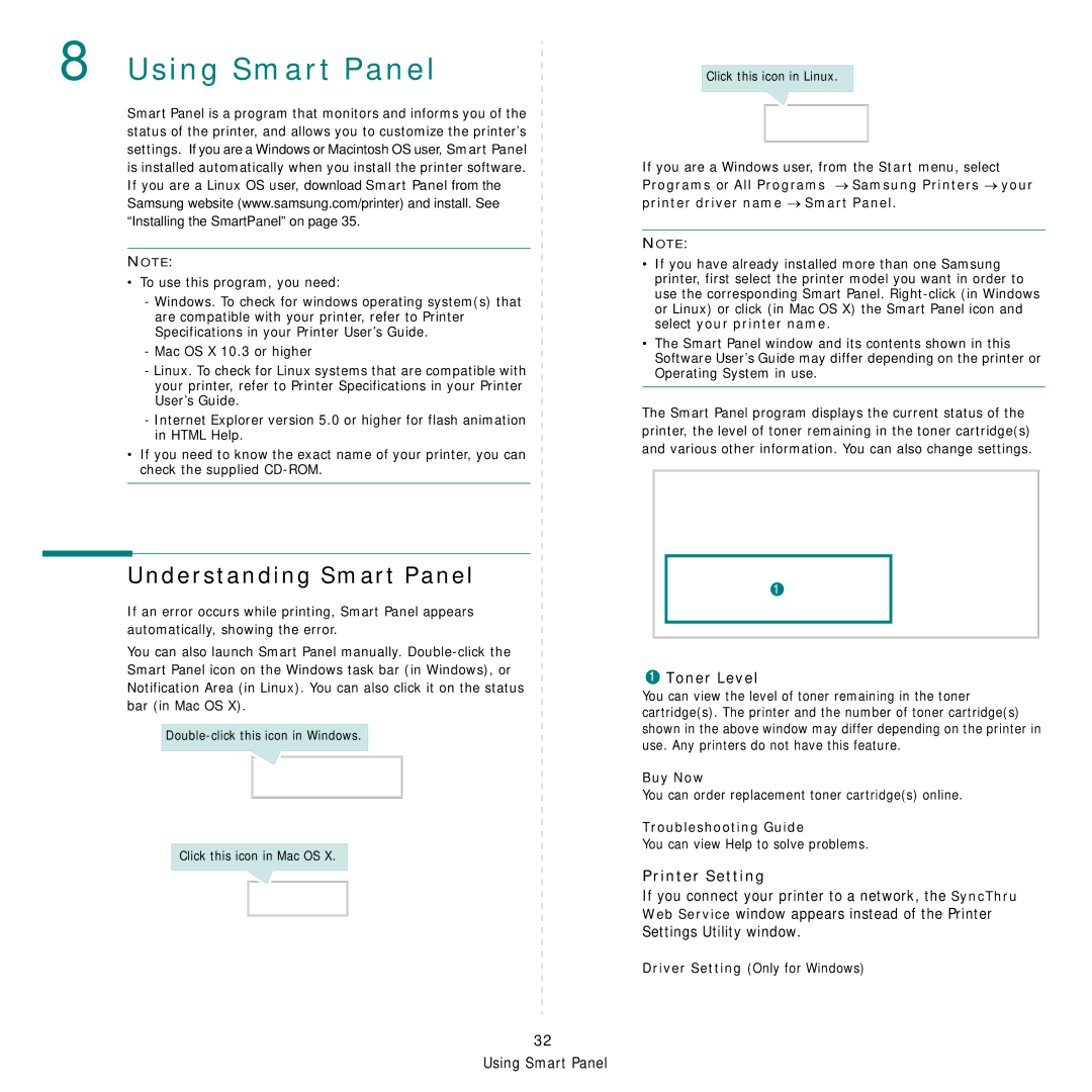 Samsung CLX-8540ND manual Understanding Smart Panel, Toner Level, Printer Setting, Buy Now, Troubleshooting Guide 