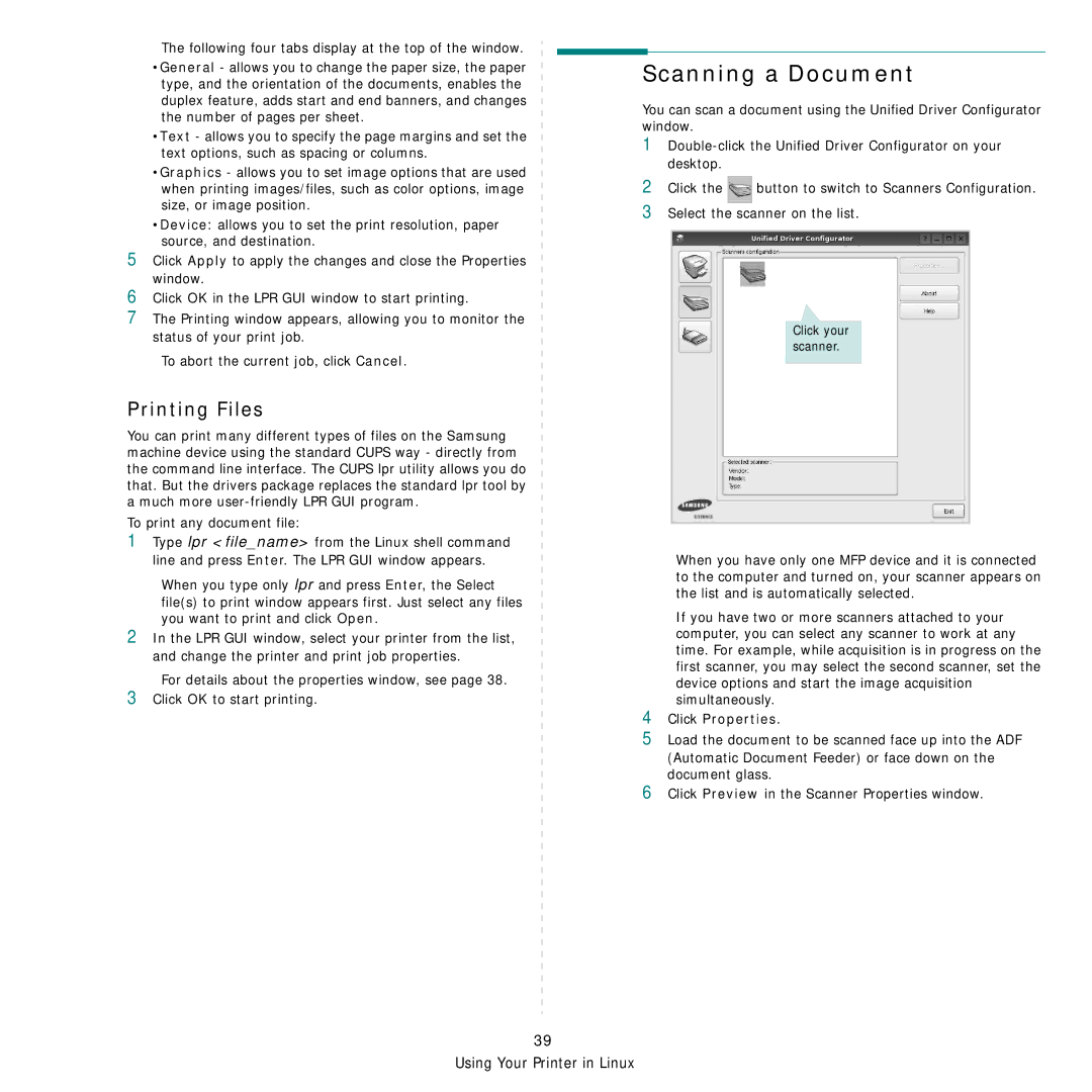 Samsung CLX-8540ND manual Scanning a Document, Printing Files, Click Properties 