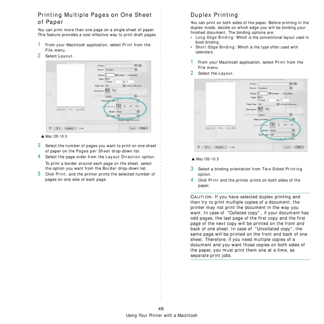 Samsung CLX-8540ND manual Printing Multiple Pages on One Sheet of Paper, Duplex Printing 