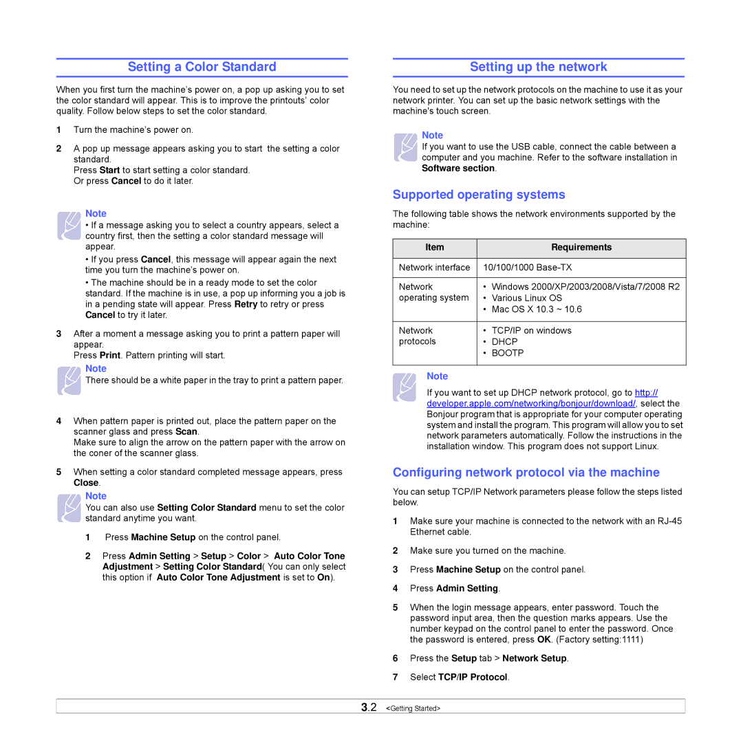 Samsung CLX-8540ND manual Setting a Color Standard, Setting up the network, Supported operating systems 