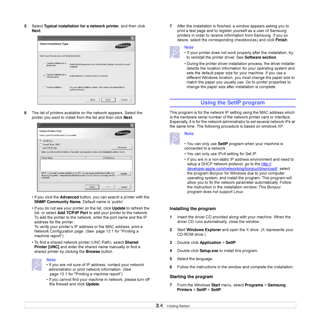 Samsung CLX-8540ND Using the SetIP program, Installing the program, Starting the program, Double click Application SetIP 