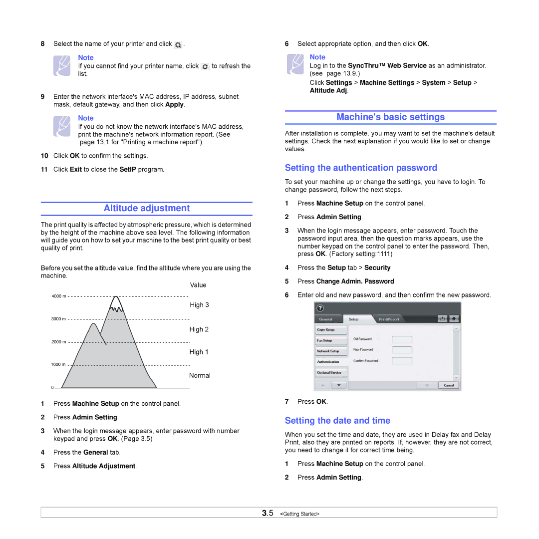 Samsung CLX-8540ND manual Altitude adjustment, Machines basic settings, Setting the authentication password 