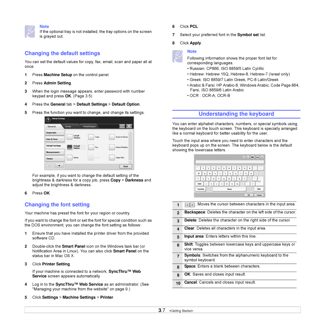 Samsung CLX-8540ND manual Understanding the keyboard, Changing the default settings, Changing the font setting 