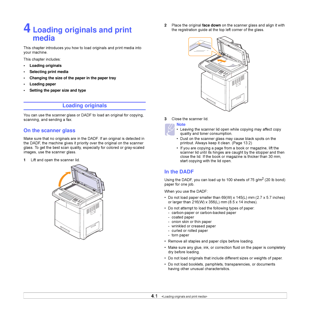 Samsung CLX-8540ND manual Loading originals and print media, On the scanner glass, Dadf 