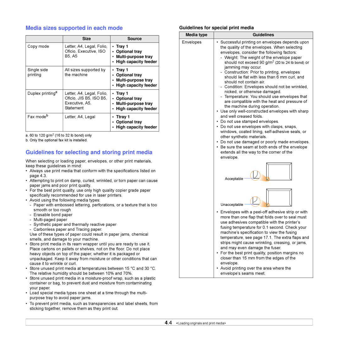 Samsung CLX-8540ND manual Media sizes supported in each mode, Guidelines for selecting and storing print media 