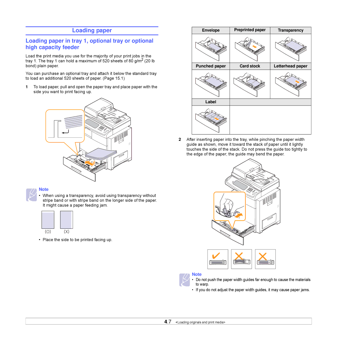 Samsung CLX-8540ND manual Loading paper, Envelope, Punched paper, Label 