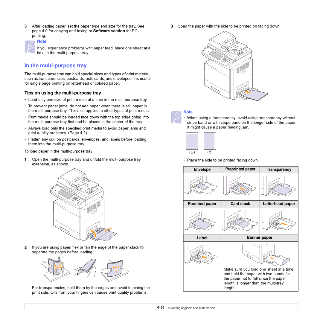 Samsung CLX-8540ND manual Multi-purpose tray, Tips on using the multi-purpose tray, Label Banner paper 