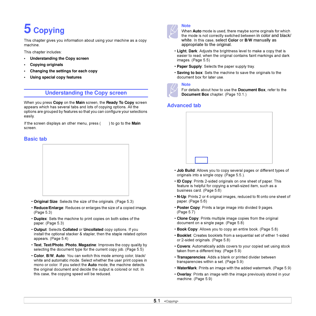 Samsung CLX-8540ND manual Copying, Understanding the Copy screen, Basic tab, Advanced tab 