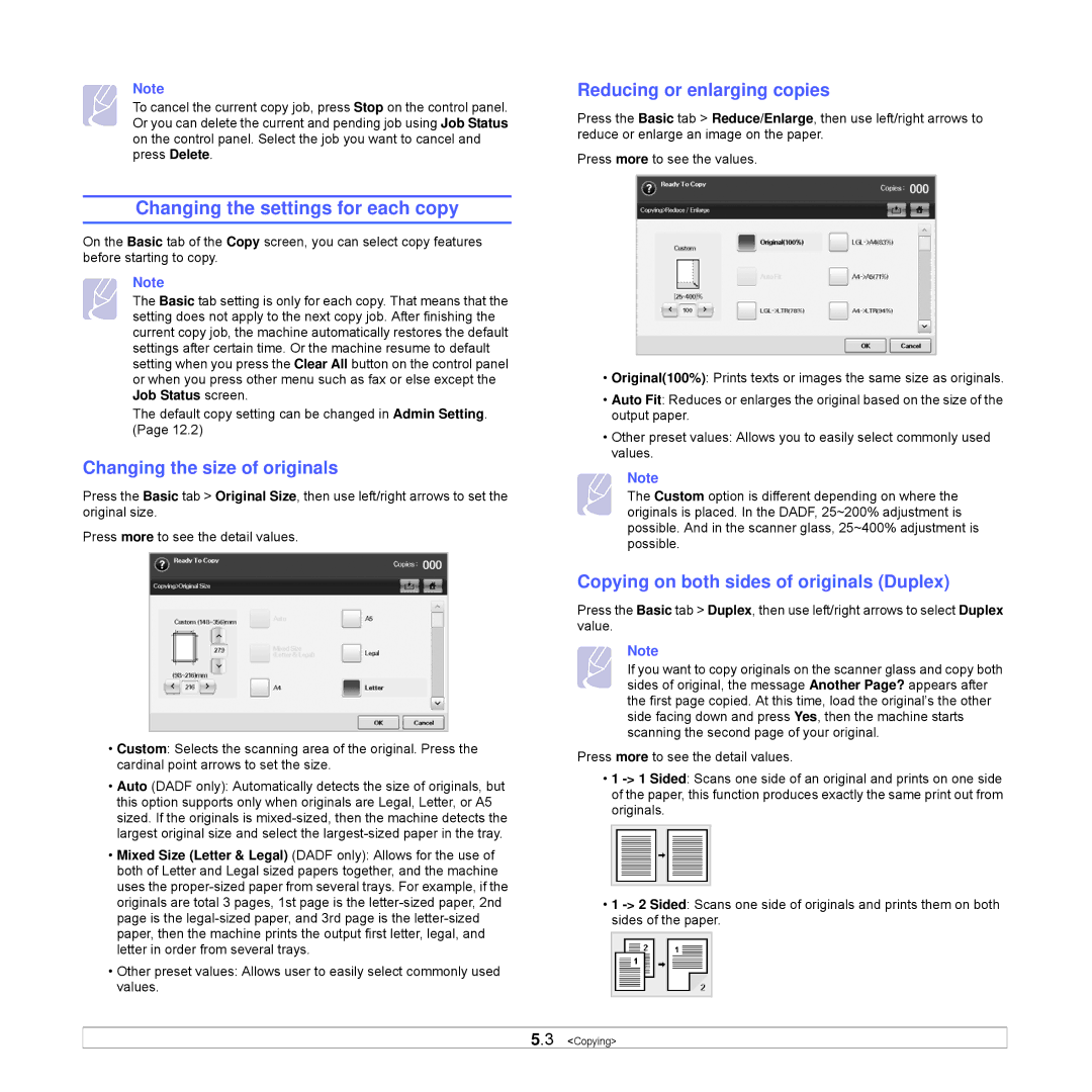 Samsung CLX-8540ND manual Changing the settings for each copy, Changing the size of originals, Reducing or enlarging copies 