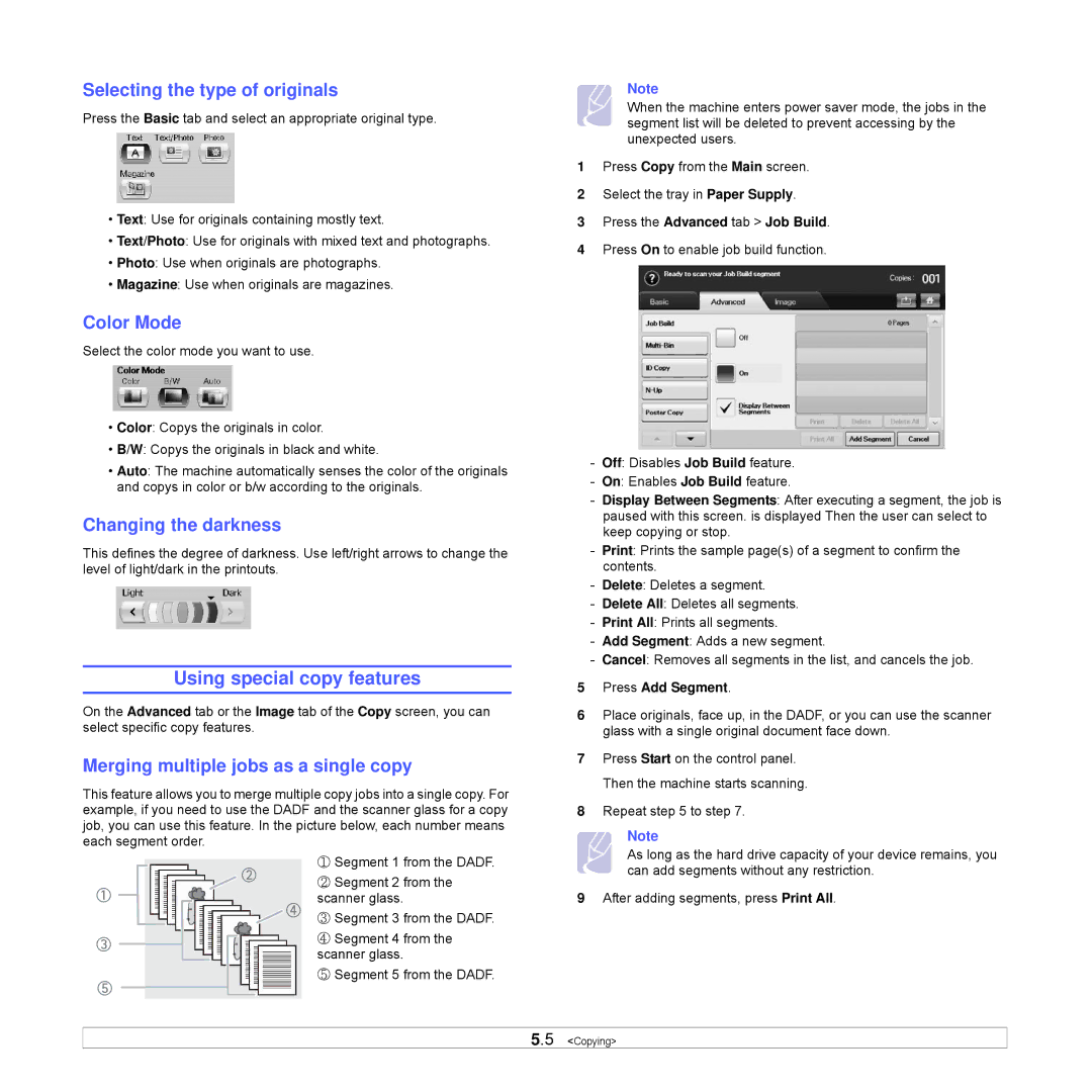 Samsung CLX-8540ND manual Using special copy features, Selecting the type of originals, Color Mode, Changing the darkness 