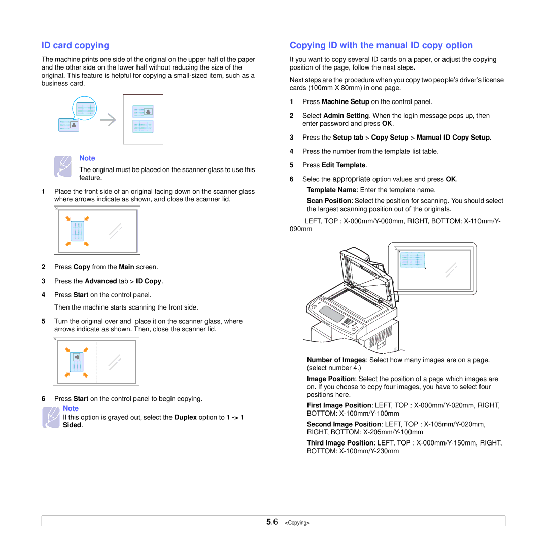 Samsung CLX-8540ND ID card copying, Copying ID with the manual ID copy option, Press Edit Template 