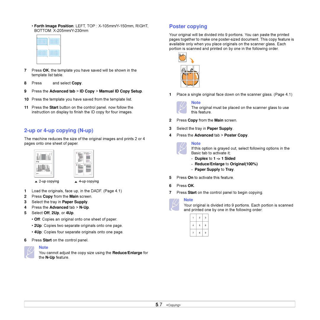 Samsung CLX-8540ND manual Up or 4-up copying N-up, Poster copying, Press the Advanced tab ID Copy Mamual ID Copy Setup 