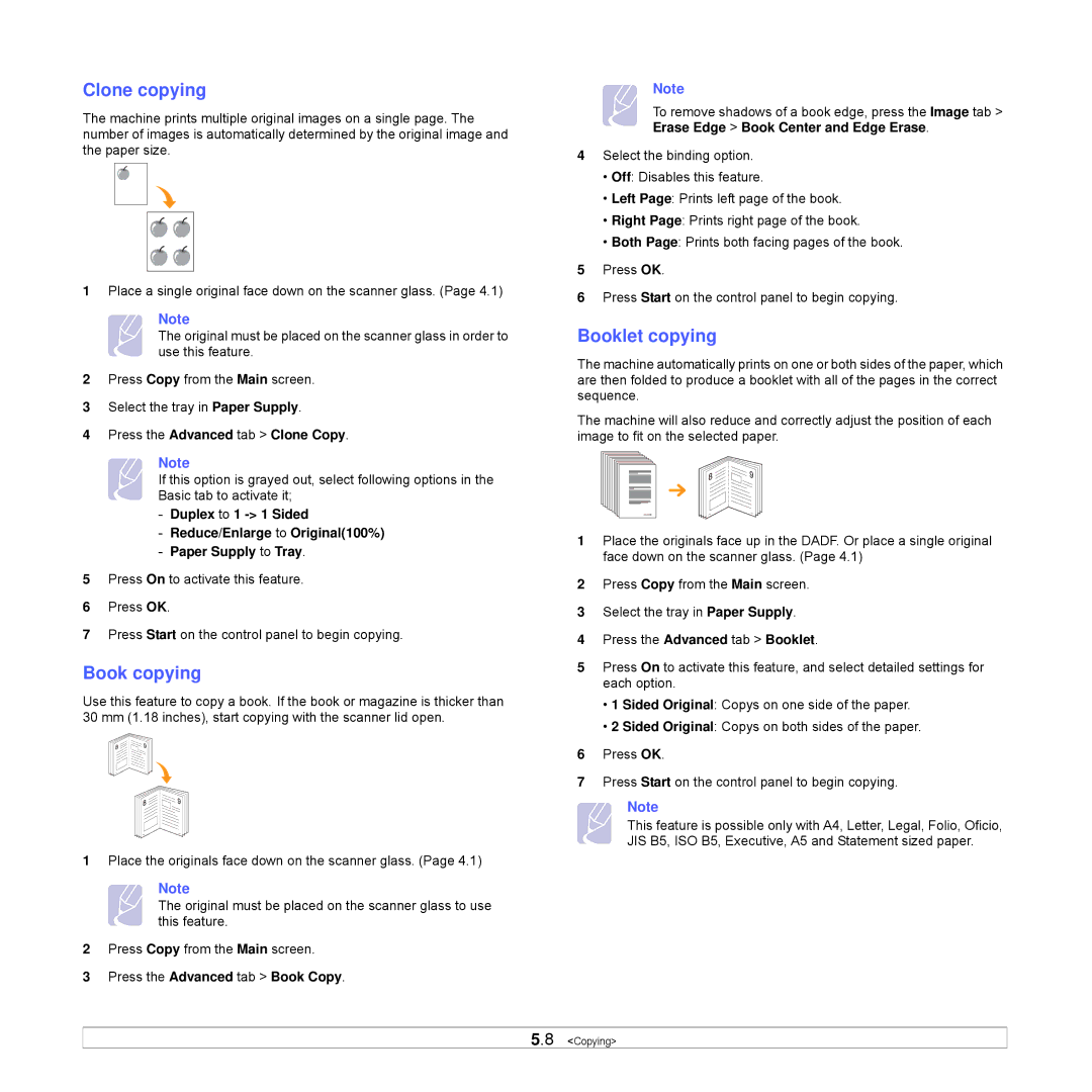 Samsung CLX-8540ND manual Clone copying, Book copying, Booklet copying, Press the Advanced tab Clone Copy 