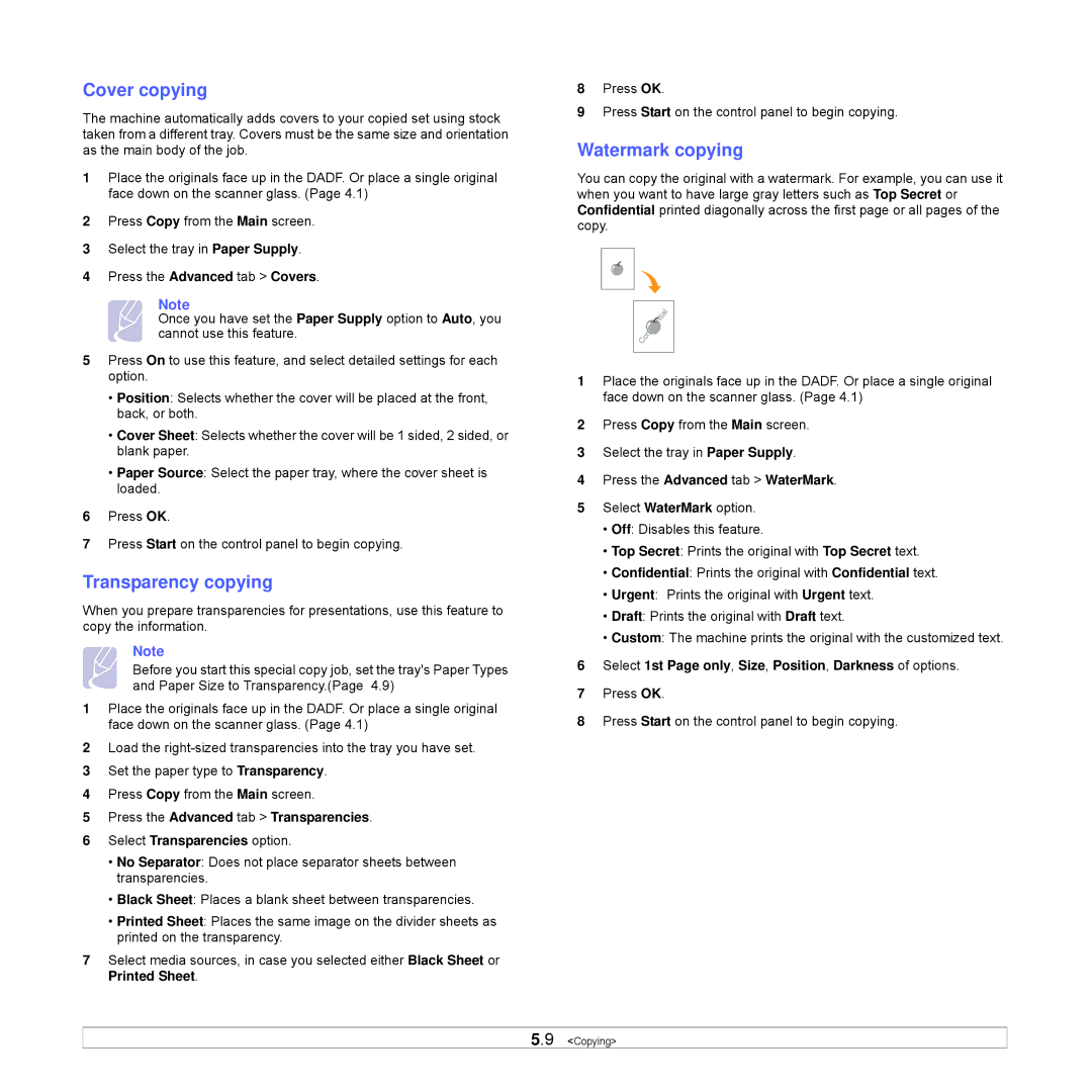 Samsung CLX-8540ND manual Cover copying, Transparency copying, Watermark copying, Press the Advanced tab WaterMark 