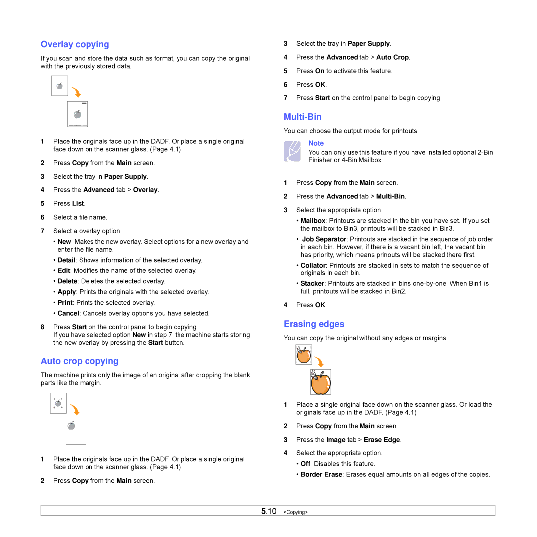 Samsung CLX-8540ND manual Overlay copying, Auto crop copying, Multi-Bin, Erasing edges 