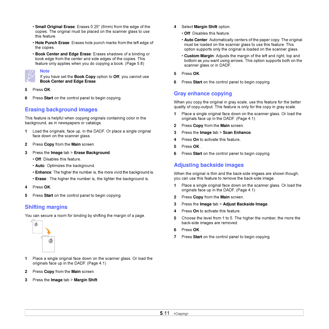 Samsung CLX-8540ND manual Erasing background images, Shifting margins, Gray enhance copying, Adjusting backside images 