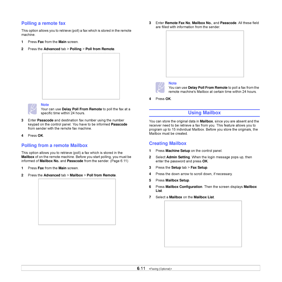 Samsung CLX-8540ND manual Using Mailbox, Polling a remote fax, Polling from a remote Mailbox, Creating Mailbox 