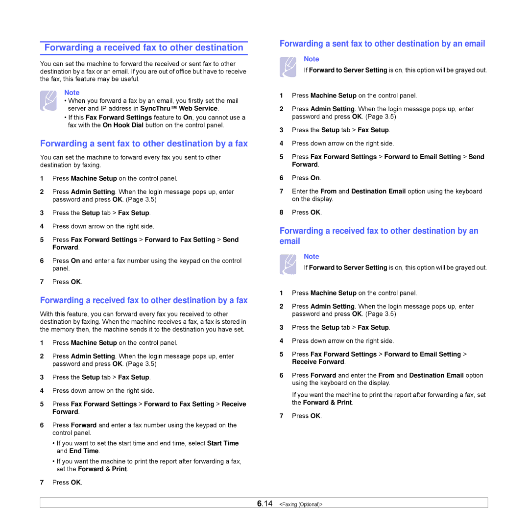 Samsung CLX-8540ND Forwarding a received fax to other destination, Forwarding a sent fax to other destination by a fax 