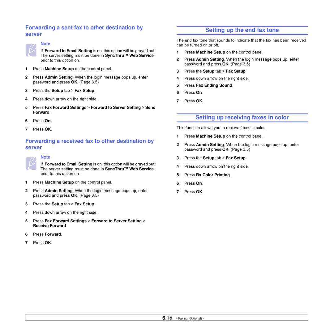 Samsung CLX-8540ND manual Setting up the end fax tone, Setting up receiving faxes in color 