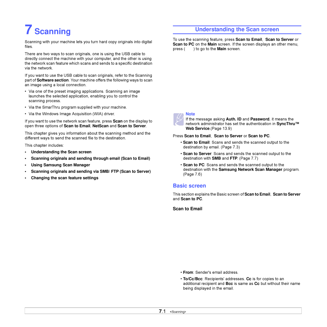 Samsung CLX-8540ND manual Scanning, Understanding the Scan screen, Basic screen, Scan to Email 