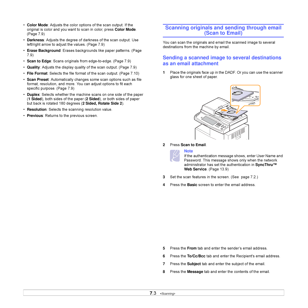 Samsung CLX-8540ND manual Scanning originals and sending through email Scan to Email, Press Scan to Email 