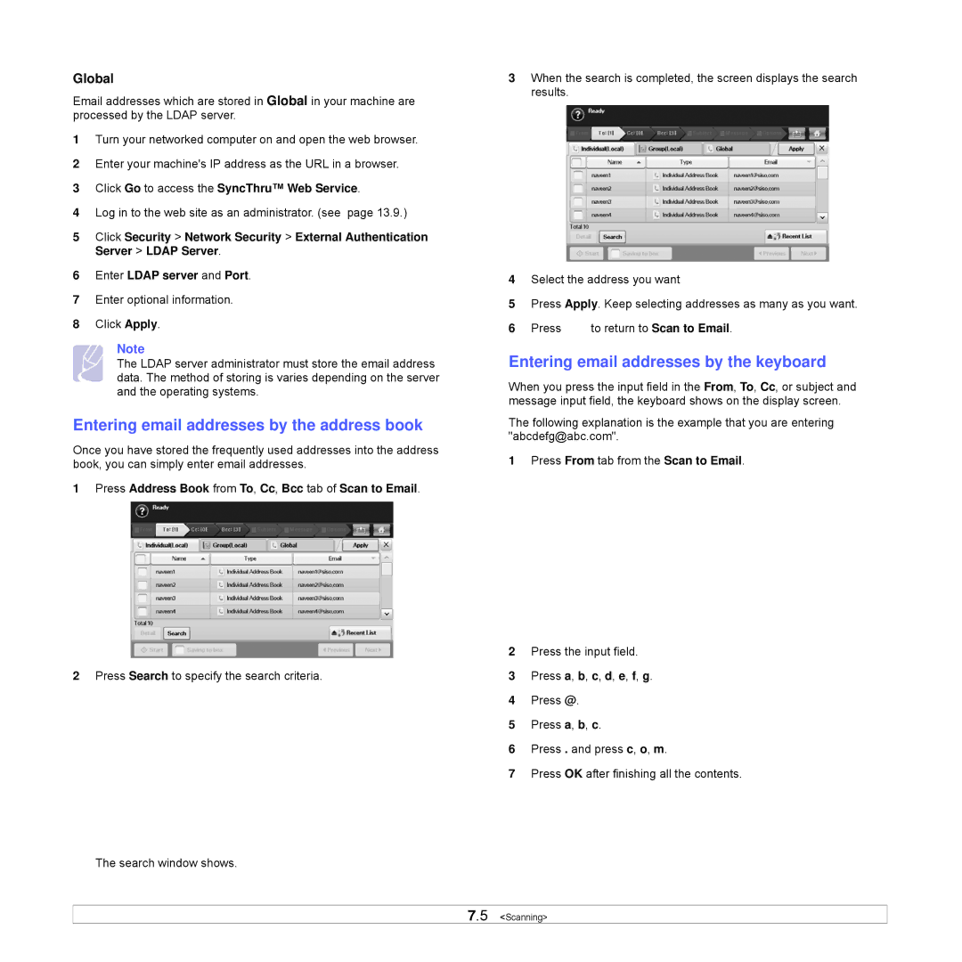 Samsung CLX-8540ND manual Entering email addresses by the address book, Entering email addresses by the keyboard, Global 