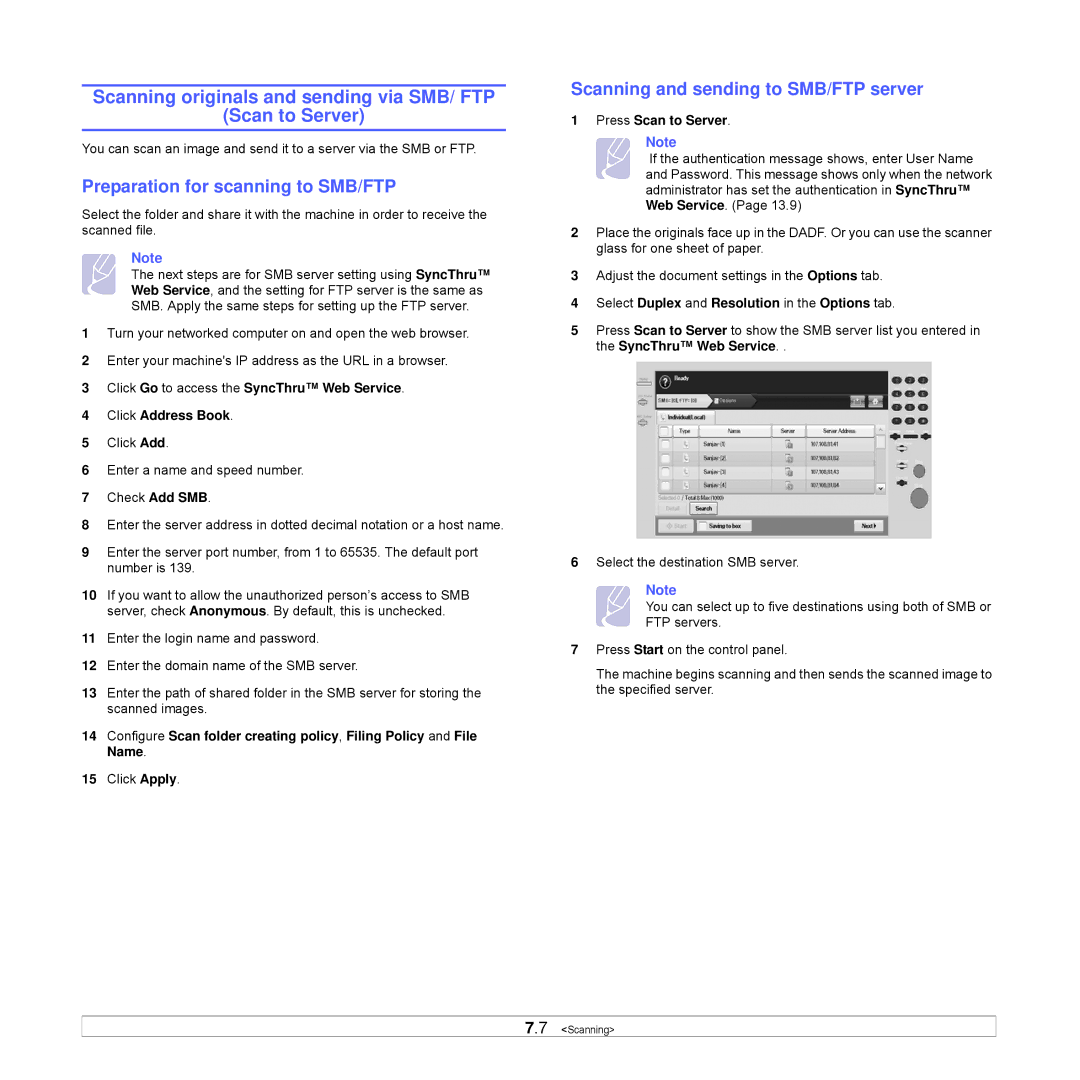 Samsung CLX-8540ND manual Scanning originals and sending via SMB/ FTP Scan to Server, Preparation for scanning to SMB/FTP 