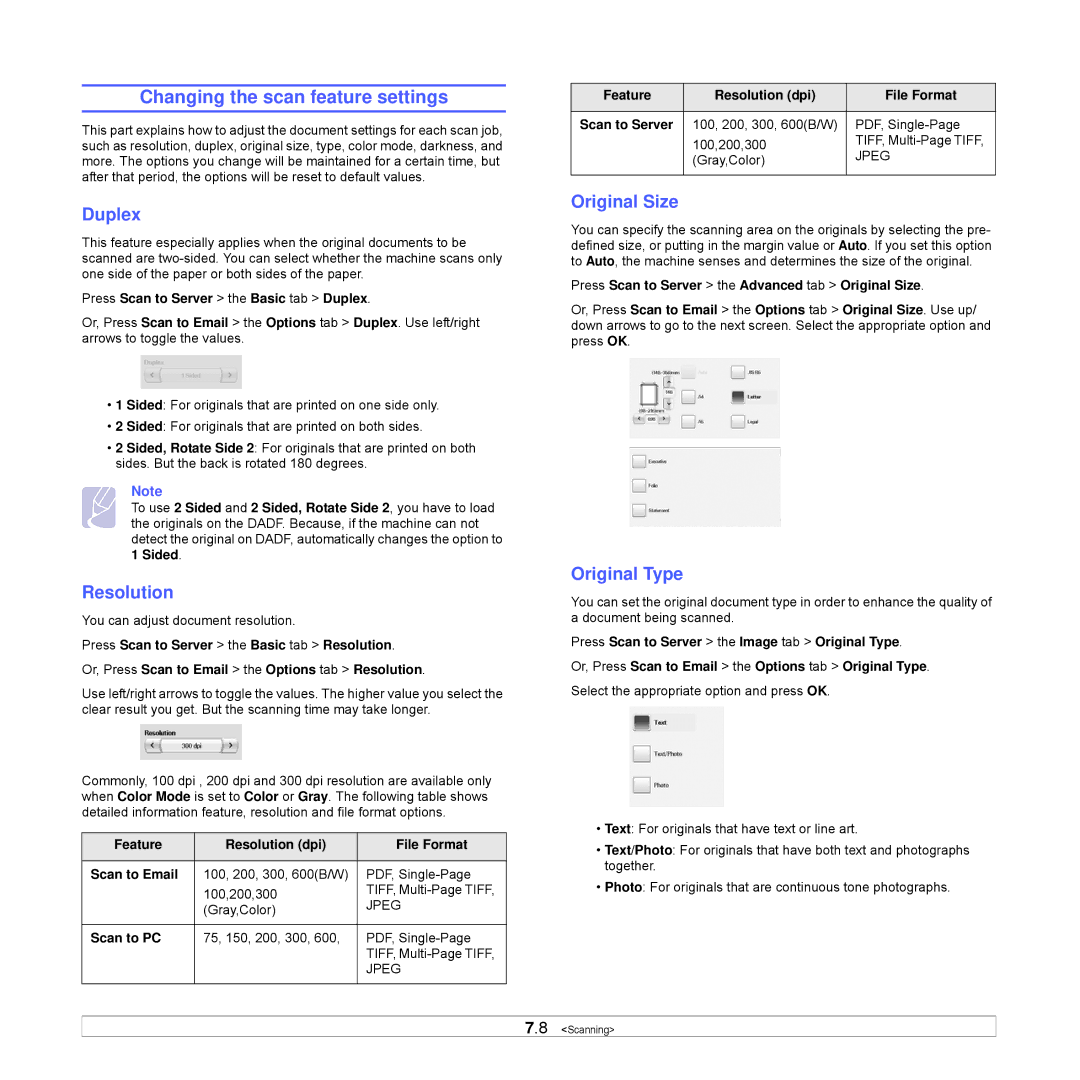 Samsung CLX-8540ND manual Changing the scan feature settings, Original Size, Press Scan to Server the Basic tab Duplex 