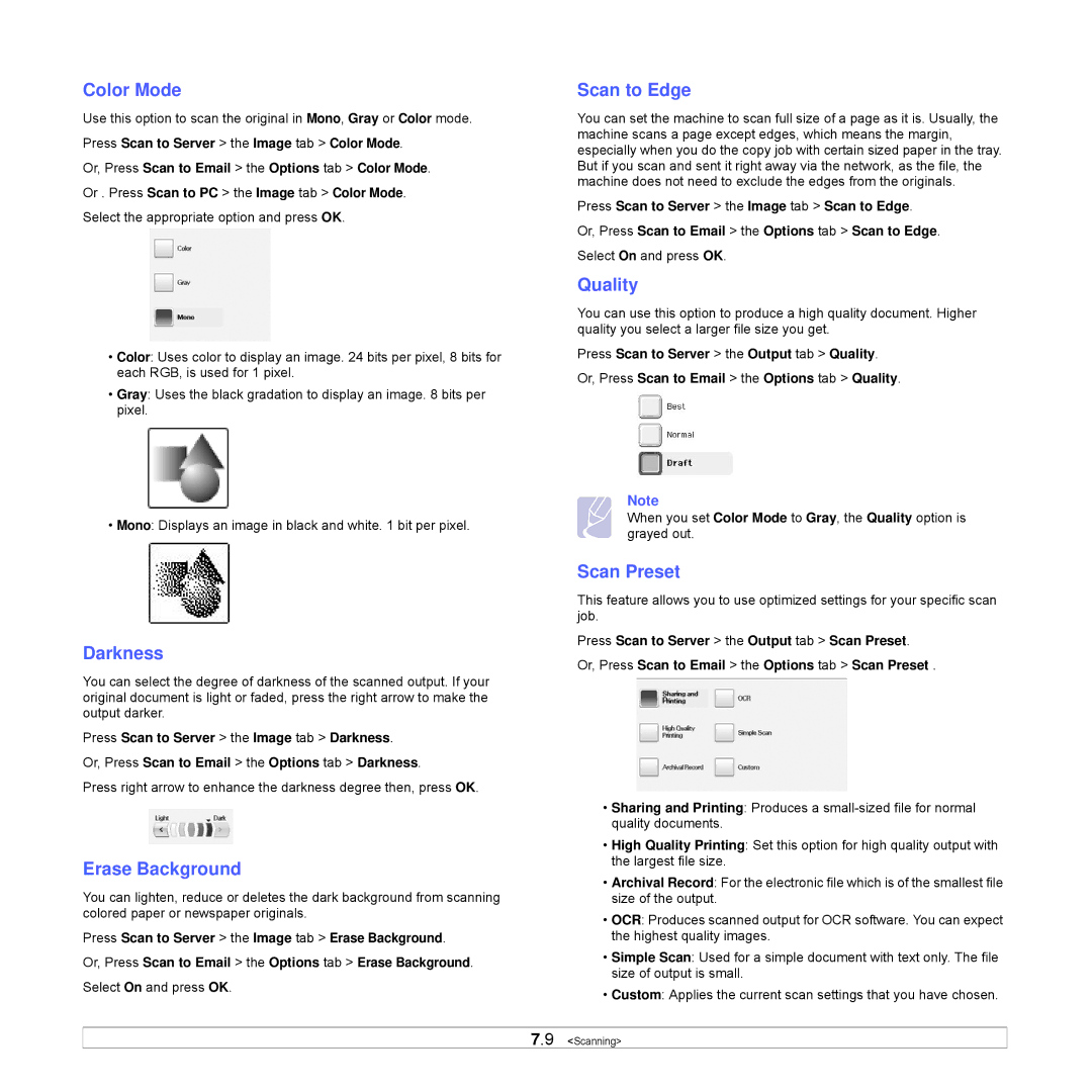 Samsung CLX-8540ND manual Scan to Edge, Quality, Scan Preset 