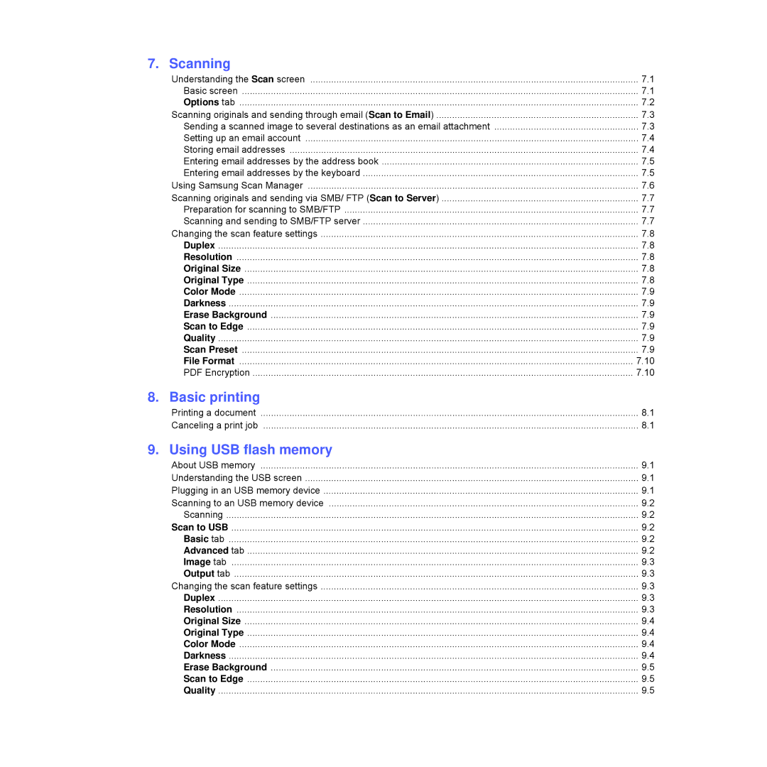 Samsung CLX-8540ND manual Scanning, Basic printing, Using USB flash memory 