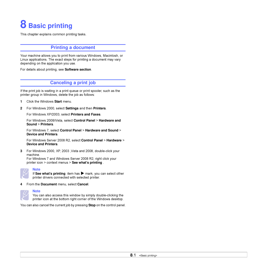 Samsung CLX-8540ND manual Basic printing, Printing a document, Canceling a print job 