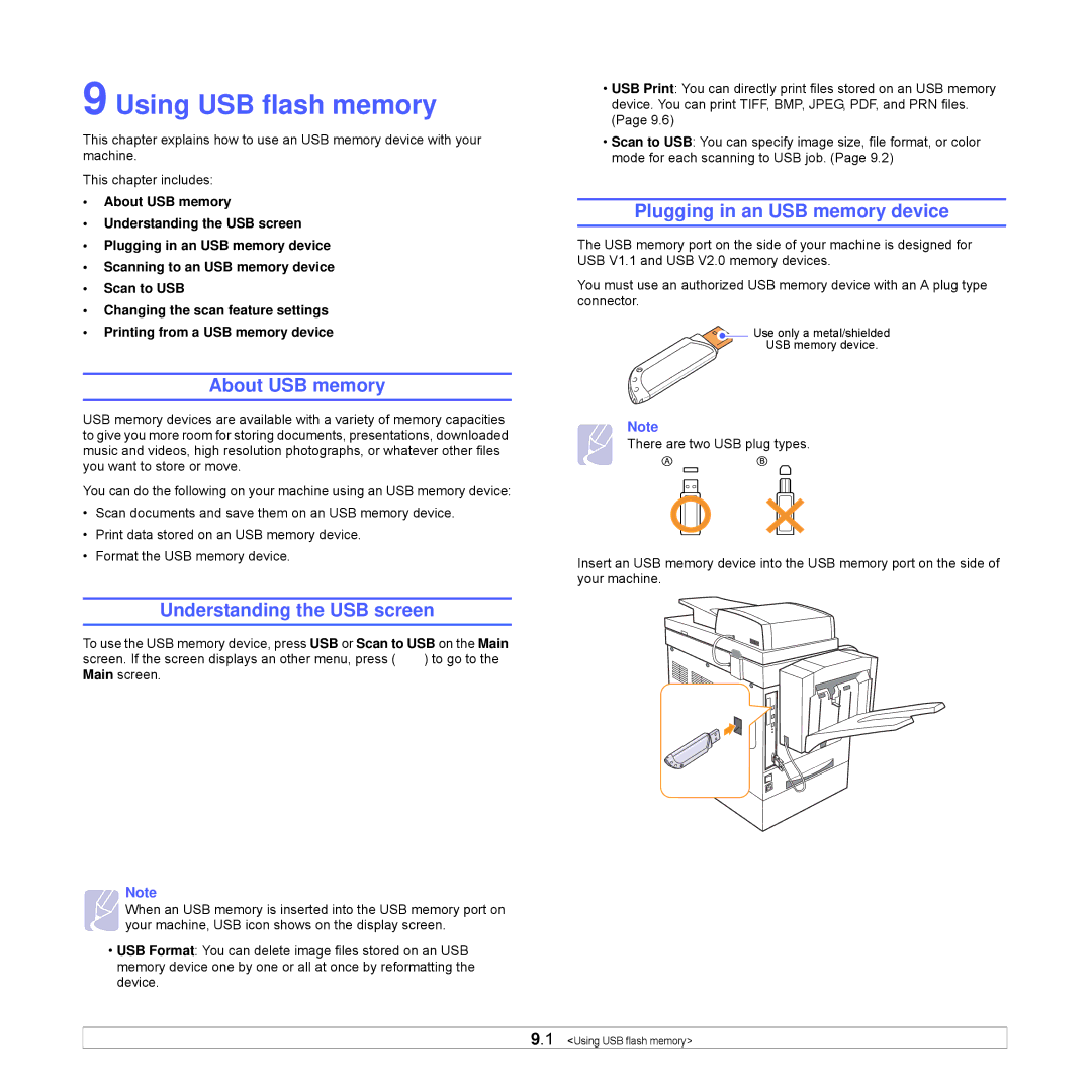 Samsung CLX-8540ND manual Using USB flash memory, About USB memory, Understanding the USB screen 