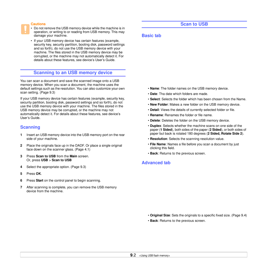 Samsung CLX-8540ND manual Scanning to an USB memory device, Scan to USB 