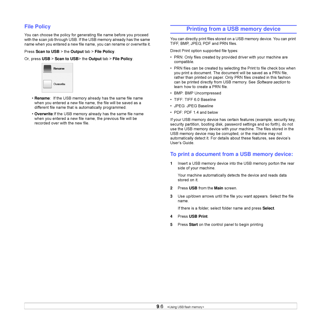 Samsung CLX-8540ND manual Printing from a USB memory device, File Policy, To print a document from a USB memory device 