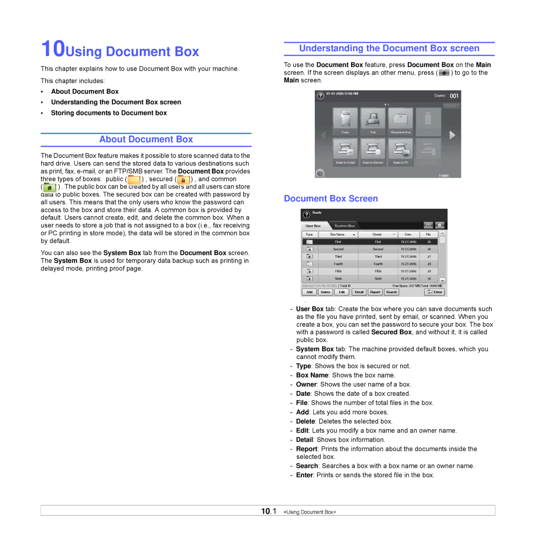 Samsung CLX-8540ND 10Using Document Box, About Document Box, Understanding the Document Box screen, Document Box Screen 