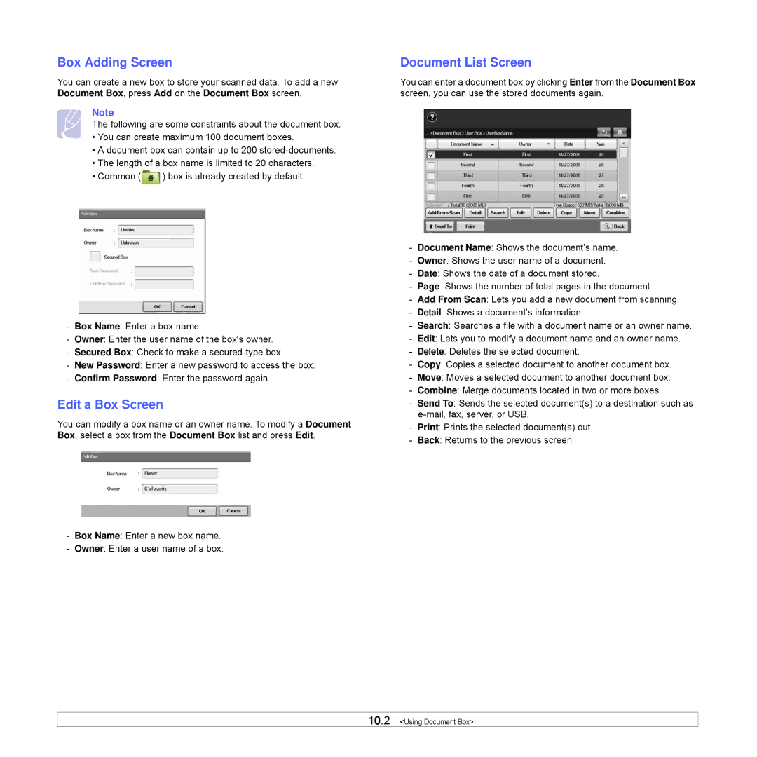 Samsung CLX-8540ND manual Box Adding Screen, Edit a Box Screen, Document List Screen 