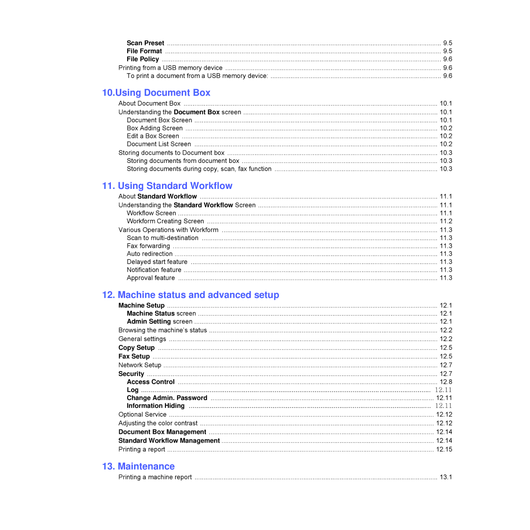 Samsung CLX-8540ND manual Using Document Box, Using Standard Workflow, Machine status and advanced setup, Maintenance 