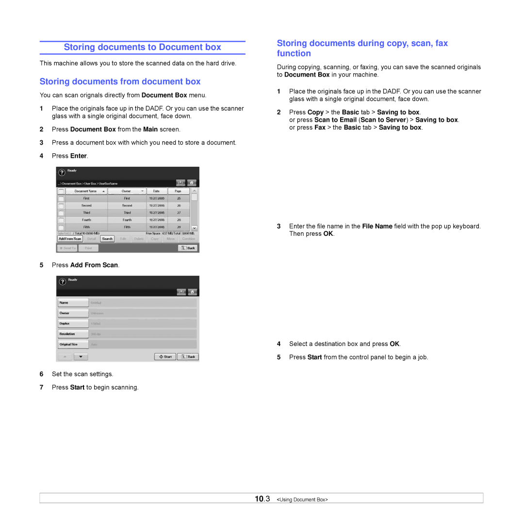 Samsung CLX-8540ND manual Storing documents to Document box, Storing documents from document box, Press Add From Scan 