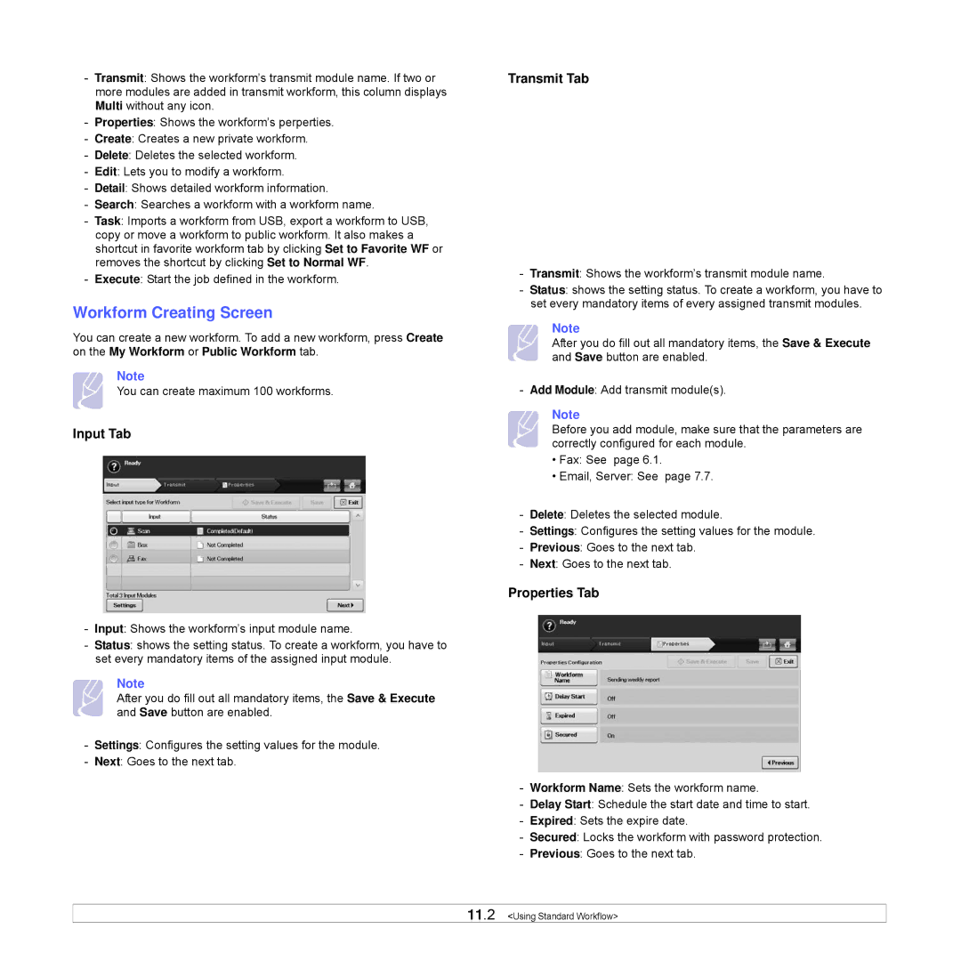 Samsung CLX-8540ND manual Workform Creating Screen, Input Tab, Transmit Tab, Properties Tab 