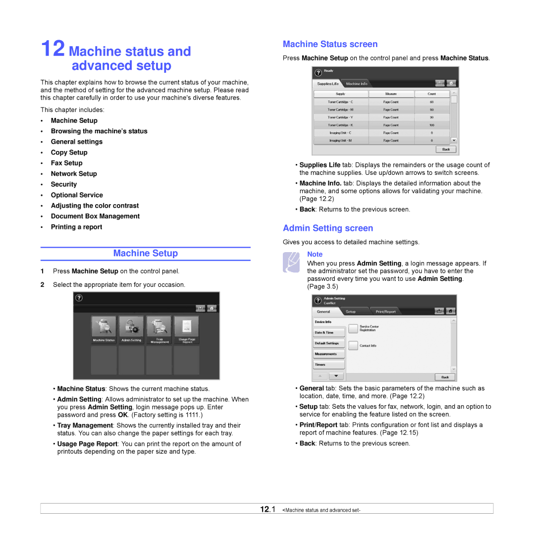 Samsung CLX-8540ND manual Machine Setup, Machine Status screen, Admin Setting screen 