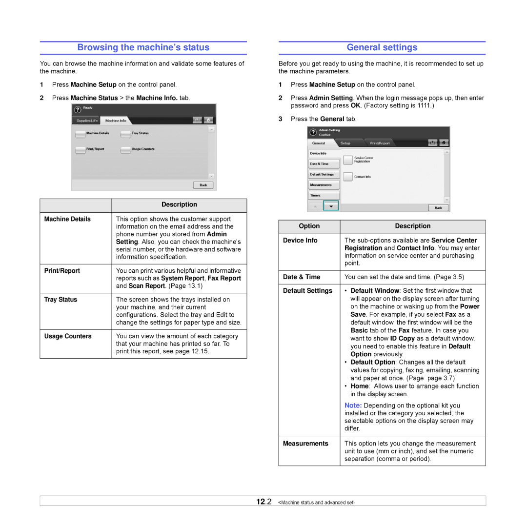 Samsung CLX-8540ND manual Browsing the machine’s status, General settings 